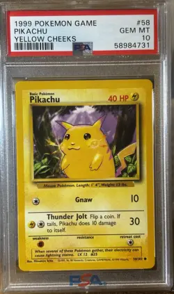1999 Pokemon Pikachu Yellow Cheeks #58 Base Set PSA 10 - Image 1