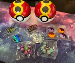 Pokemon TCG Accessories Lot – Dice, Coins, Status Markers & 2 Pokeballs - Image 1