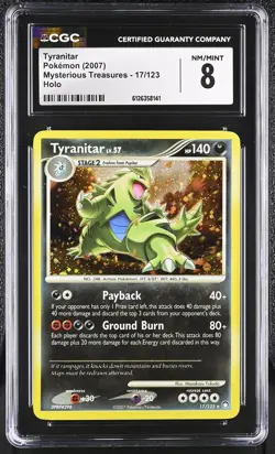 CGC 8 Tyranitar 2007 Mysterious Treasures 17/123 Holo Pokemon Card - Image 1