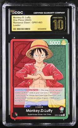 CGC 10 Pristine Monkey D. Luffy OP01-003 PRE-ERRATA One Piece Romance Dawn 2022 - Image 1