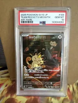 Pokemon SV10 Glory of Team Rocket Team Rocket's Meowth AR 109/098 PSA 10 GEM MT - Image 1