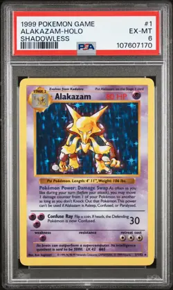 Alakazam - 1/102 - 1999 Holo Rare Base Set Shadowless Pokemon Card PSA 6 - Image 1