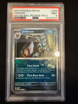 2025 POKEMON PRISMATIC EVOLUTIONS MASTER BALL REVERSE HOLO UMBREON 059 PSA 9 - Image 1