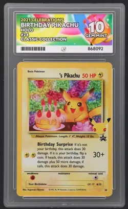 Pikachu Birthday Card 24-Holo Celebrations ACE 10 GEM MINT💎 PERFECT SUBGRADES - Image 1