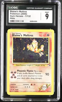 CGC 9 MINT Blaine's Moltres 2000 Gym Heroes 1/132 Holo SWIRL Pokemon Card - Image 1