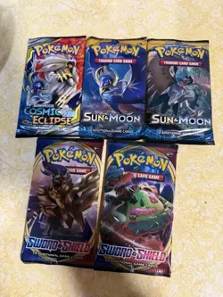 Pokemon TCG 5 Booster Pack Lot; Cosmic Eclipse, Sun and Moon, Sword and Shield - Image 1