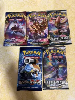 Pokemon TCG 5 Booster Pack Lot; Evolutions, Sword and Shield, Rebel Clash - Image 1