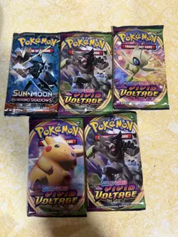 Pokemon TCG 5 Booster Pack Lot; Burning Shadows and Vivid Voltage - Image 1