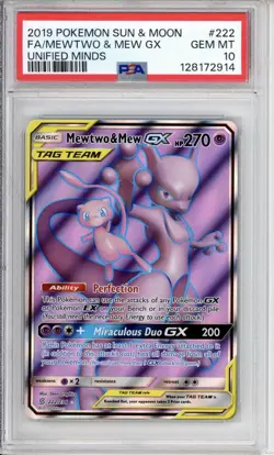 PSA 10 Mewtwo & Mew GX Pokemon Sun & Moon Unified Minds Full Art Holo 222/236 - Image 1