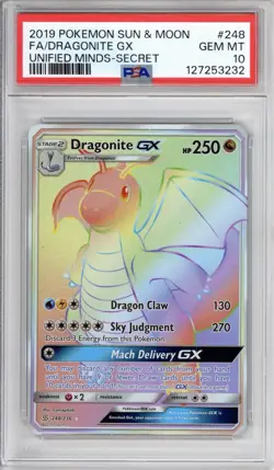 PSA 10 Dragonite GX Pokemone Sun & Moon Unified Minds Rainbow Holo 248/236 - Image 1