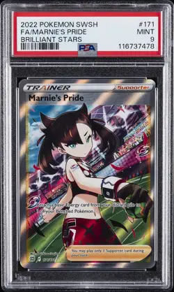 2022 POKEMON SWORD & SHIELD BRILLIANT STARS #171 FULL ART/MARNIE'S PRIDE PSA 9 - Image 1