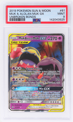 2019 Pokemon Sun and Moon Unbroken Bonds Muk and Alolan Muk Gx #61 PSA 9 - Image 1
