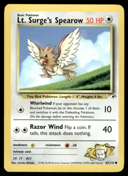 Pokemon Cards Lt. Surge's Spearow 83/132 UNLIMITED Gym Heroes WOTC Common NM - Image 1