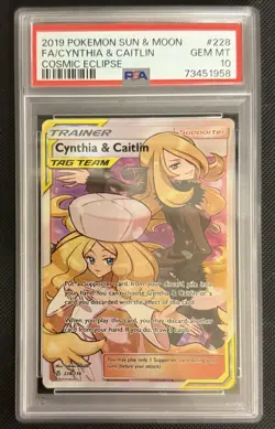 Pokemon Cynthia & Caitlin Full Art 228 Sun & Moon Cosmic Eclipse PSA 10 GEM MINT - Image 1
