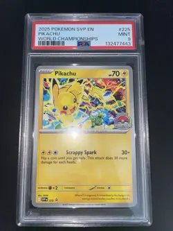 2025 POKEMON SVP EN-SV BLACK STAR PROMO WORLD CHAMPIONSHIPS #225 PIKACHU PSA 9 - Image 1