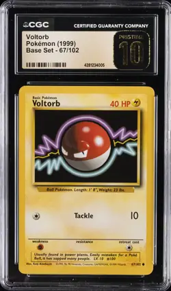 1999 POKEMON BASE SET #67 VOLTORB CGC 10 PRISTINE - Image 1