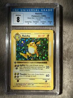 Pokemon 1999 Raichu Base Set Shadowless 1st Edition 14/102 CGC 8 NM/Mint - Image 1