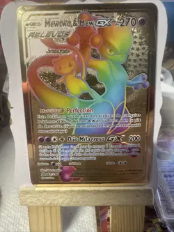 Mewtwo & Mew GX Rainbow Gold Metal Spanish Hp270 Card Fan Art NM - Image 1