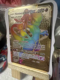 Mewtwo & Mew GX Rainbow Gold Metal Spanish Hp270 Card Fan Art NM - Image 2