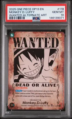 2025 ONE PIECE OP13 #118 CARRYING ON HIS WILL WANTED MONKEY D LUFFY PSA 10 - Image 1