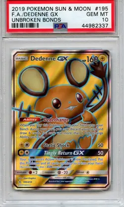 2019 Pokemon Sun & Moon Unbroken Bonds #195 Full Art - Dedenne GX - PSA 10 - Image 1