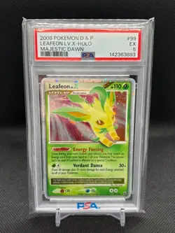 2008 Pokemon Majestic Dawn Leafeon Lv.X Holo 99/100 PSA 5 Double Holo Swirls - Image 1