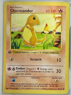 Pokemon Charmander Base Set Shadowless 1st Edition Common 50 HP 46/102 WOTC 1999 - Image 1