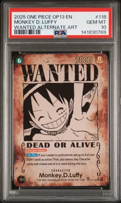 One Piece Monkey.D.Luffy Carrying On His Will OP13-118 WANTED POSTER SP PSA 10 - Image 1