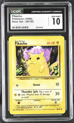 CGC 10 GEM MINT Pikachu 1999 Base Set 58/102 Pokemon Card - Image 1
