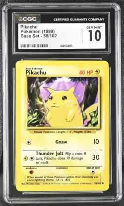 CGC 10 GEM MINT Pikachu 1999 Base Set 58/102 Pokemon Card - Image 1