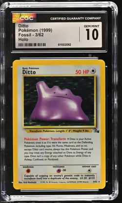 CGC 10 GEM MINT Ditto 1999 Fossil 3/62 Holo Pokemon Card - Image 1