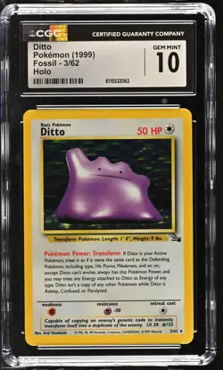 CGC 10 GEM MINT Ditto 1999 Fossil 3/62 Holo Pokemon Card - Image 1