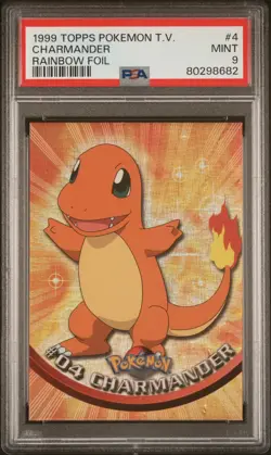 1999 TOPPS POKEMON TV 4 CHARMANDER EMBOSS RAINBOW FOIL PSA 9 BLACK LOGO LOW POP - Image 1