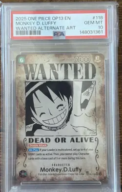 One Piece Monkey D. Luffy SP Wanted Poster OP13-118, English, PSA 10, GEM MT - Image 1