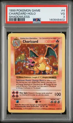 1999 POKEMON BASE SET SHADOWLESS #4 CHARIZARD-HOLO PSA 3 - Image 1