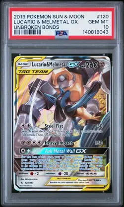 2019 Pokemon Unbroken Bonds Lucario Melmetal Tag Team Holo #120/214 PSA 10 - Image 1