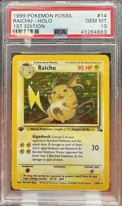 1999 POKEMON FOSSIL 1ST EDITION #14 RAICHU-HOLO PSA 10 - Image 1