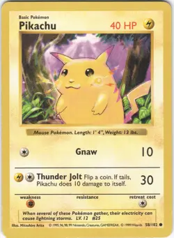 Pikachu 58/102 Common Base Set Pokemon Shadowless MP - Image 1