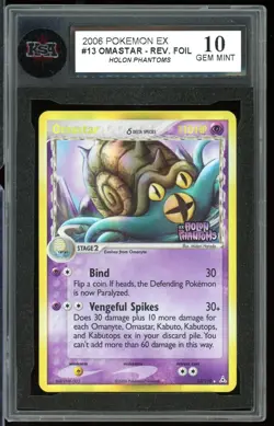 2006 Pokemon EX Holon Phantoms #13 Omastar Reverse Holo KSA 10 Gem Mint - Image 1