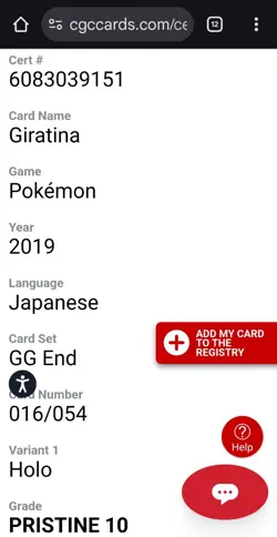 🔥💥 Giratina 016/054 Certified Pristine 10 GG End Magnificent Pokemon Holo CGC - Image 2