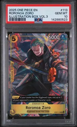 2025 ONE PIECE PROMOS ILLUSTRATION BOX VOL.3 #113 RORONOA ZORO PSA 10 - Image 1