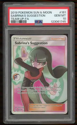 2019 SUN AND MOON TEAM UP POKEMON #181 SABRINA'S SUGGESTION FULL ART PSA 10 - Image 1