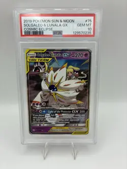 2019 POKEMON SUN & MOON COSMIC ECLIPSE #75 SOLGALEO & LUNALA GX PSA 10 GEM MINT - Image 1