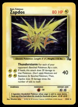 Pokemon Cards Zapdos 15/62 Unlimited Holo Fossil Holo Rare *eBay Live* 2 - Image 1