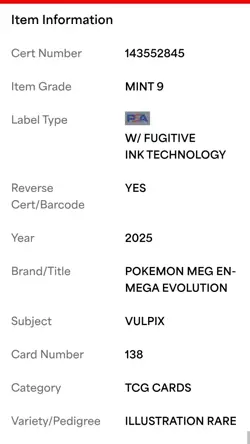 2025 POKEMON MEG EN-MEGA EVOLUTION ILLUSTRATION RARE #138 VULPIX PSA 9 MINT - Image 5