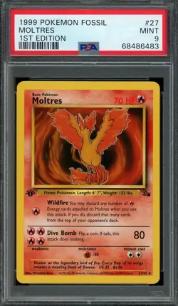 Moltres Pokemon 1999 Fossil 1st Edition Non Holo Rare 27/62 WOTC PSA 9 MINT - Image 1