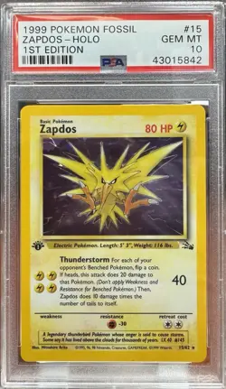 1999 POKEMON FOSSIL 1ST ED #15 ZAPDOS-HOLO PSA 10 - Image 1