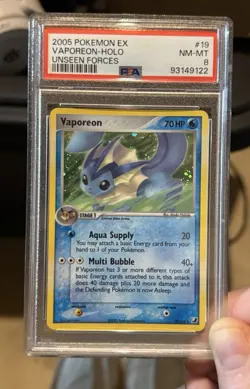 2005 Pokemon EX Vaporeon Holo Rare Unseen Forces 19/115 PSA 8 NM-MT - Image 1