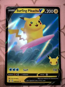 Surfing Pikachu V 008/025 Holo Rare Pokemon TCG Celebrations 25th Anniversary NM - Image 1