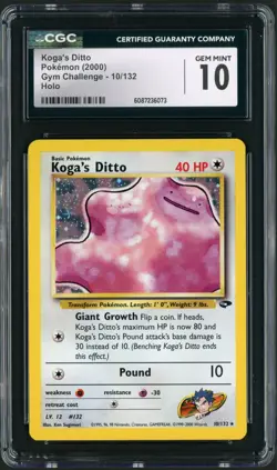 2000 Pokemon Gym Challenge Unlimited Koga's Ditto Holo Rare #10 CGC Gem Mint 10 - Image 1